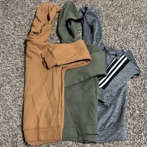 Set of Three Hoodies in Tan, Green, and Gray